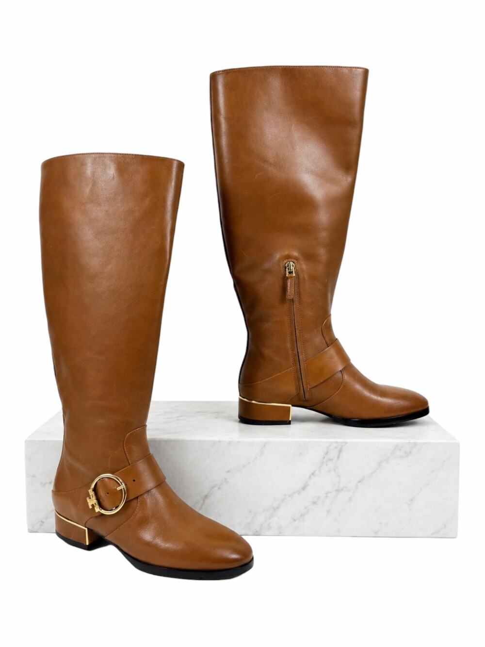 Tory Burch Sofia Tall Riding Boots Leather Logo Festive Brown Size 7 - Picture 1 of 12